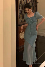 Elegant Mermaid Square Neckline Short Sleeves Blue Chiffon Prom Dresses Birthday Outfits Evening Gown