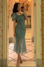 Elegant Mermaid Square Neckline Short Sleeves Blue Chiffon Prom Dresses Birthday Outfits Evening Gown