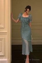 Elegant Mermaid Square Neckline Short Sleeves Blue Chiffon Prom Dresses Birthday Outfits Evening Gown