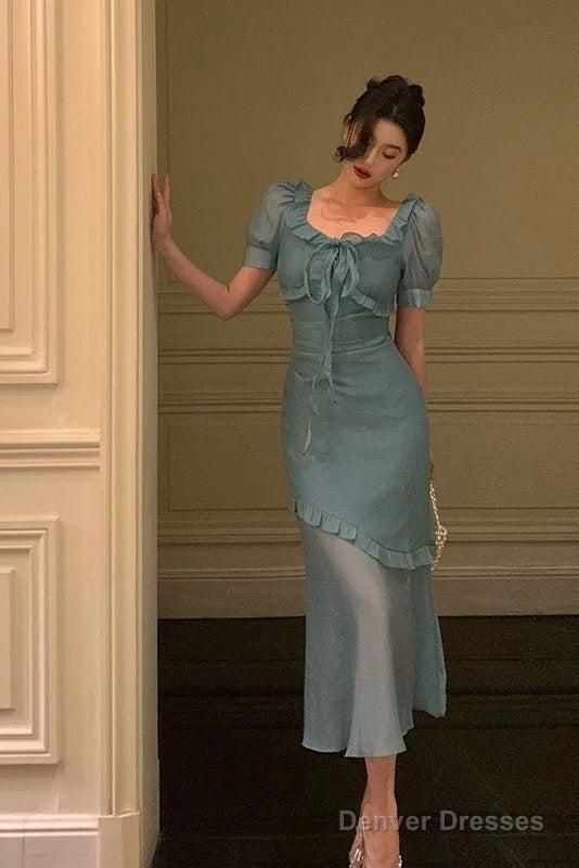 Elegant Mermaid Square Neckline Short Sleeves Blue Chiffon Prom Dresses Birthday Outfits Evening Gown Main image