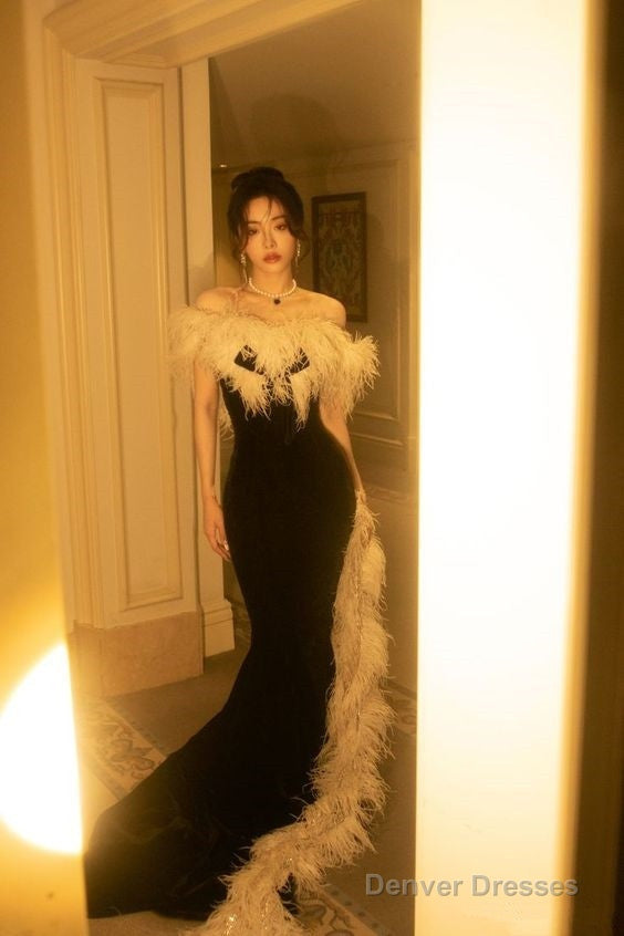 Elegant Mermaid Strapless Black Velvet Prom Dresses Long Formal Dress