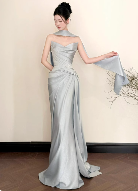 Elegant Mermaid Strapless Ruffled Satin Train Prom Dress Evening Dress
