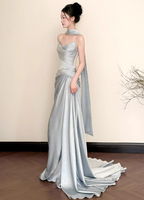 Elegant Mermaid Strapless Ruffled Satin Train Prom Dress Evening Dress