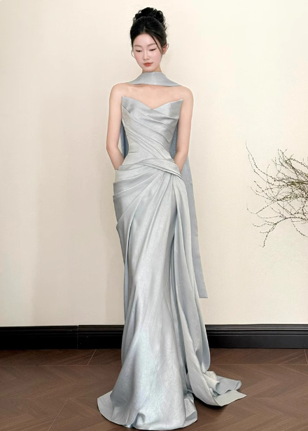 Elegant Mermaid Strapless Ruffled Satin Train Prom Dress Evening Dress Main image