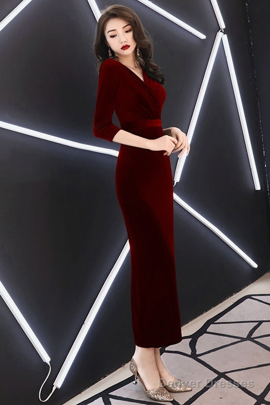 Elegant Mermaid Tea Length Wedding Party Dress, Velvet Burgundy Party Dress