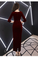 Elegant Mermaid Tea Length Wedding Party Dress, Velvet Burgundy Party Dress