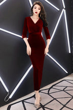 Elegant Mermaid Tea Length Wedding Party Dress, Velvet Burgundy Party Dress