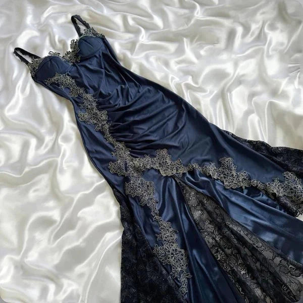 Elegant Navy Blue Spaghetti Straps Mermaid Satin Appliques Prom Dress Party Dress Secondary image