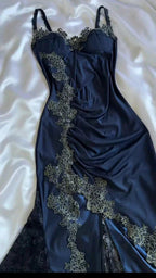 Elegant Navy Blue Spaghetti Straps Mermaid Satin Appliques Prom Dress Party Dress