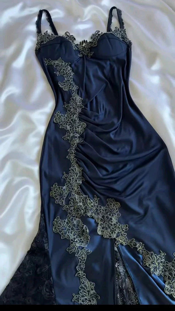 Elegant Navy Blue Spaghetti Straps Mermaid Satin Appliques Prom Dress Party Dress