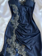 Elegant Navy Blue Spaghetti Straps Mermaid Satin Appliques Prom Dress Party Dress