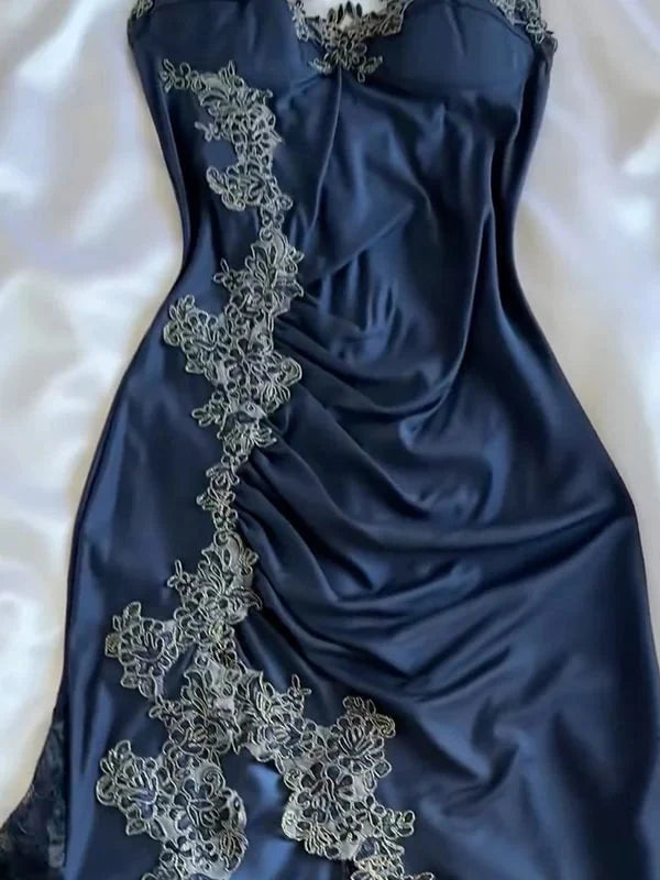 Elegant Navy Blue Spaghetti Straps Mermaid Satin Appliques Prom Dress Party Dress