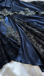 Elegant Navy Blue Spaghetti Straps Mermaid Satin Appliques Prom Dress Party Dress