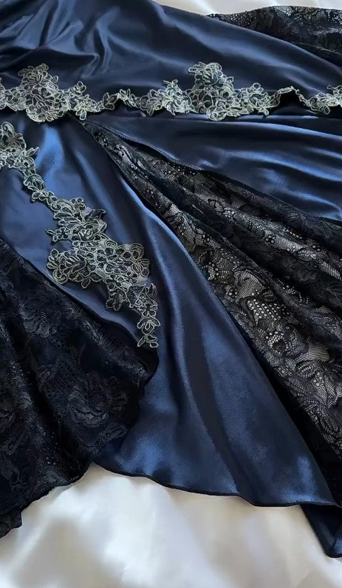 Elegant Navy Blue Spaghetti Straps Mermaid Satin Appliques Prom Dress Party Dress