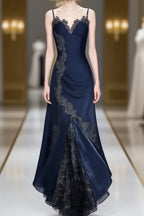 Elegant Navy Blue Spaghetti Straps Mermaid Satin Appliques Prom Dress Party Dress