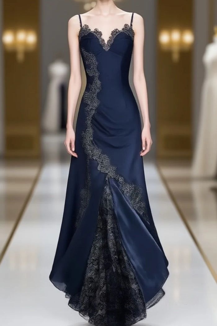 Elegant Navy Blue Spaghetti Straps Mermaid Satin Appliques Prom Dress Party Dress