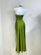 Elegant Minimalist Green Slim Halter Neck Satin Long Prom Dress Evening Dress