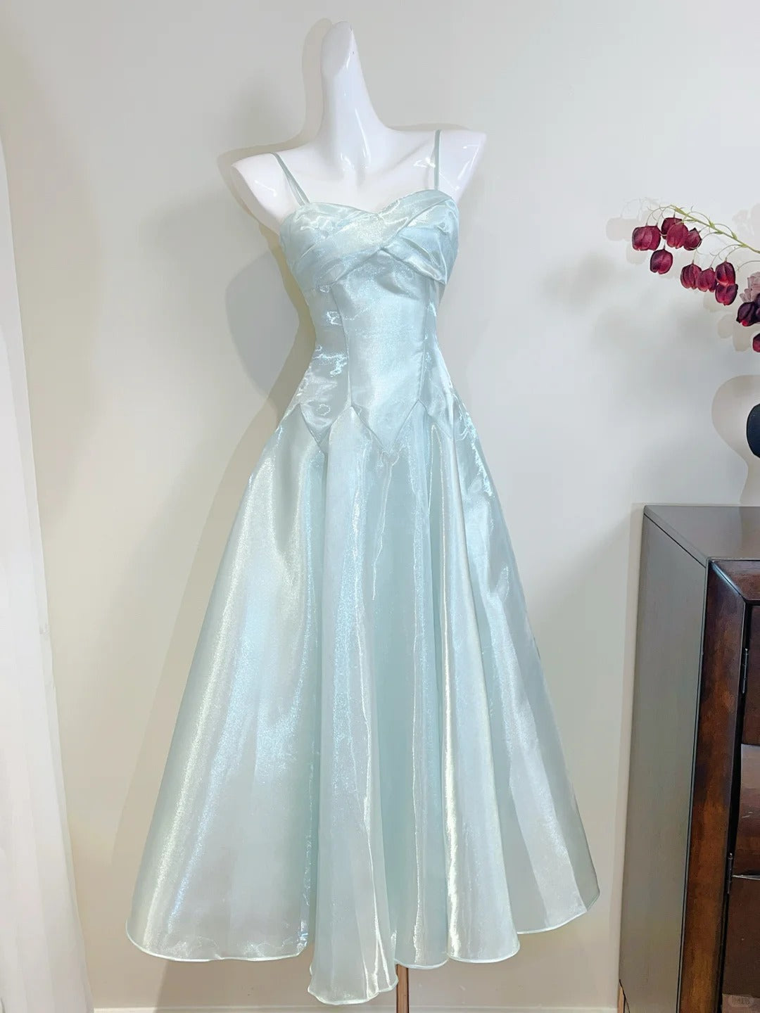 Elegant Mint Green A-Line Strappy Satin Prom Dress Evening Dress Secondary image