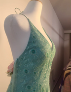Elegant Mint Green Fitted Beaded Halter Neck Backless Long Prom Dress Evening Dress