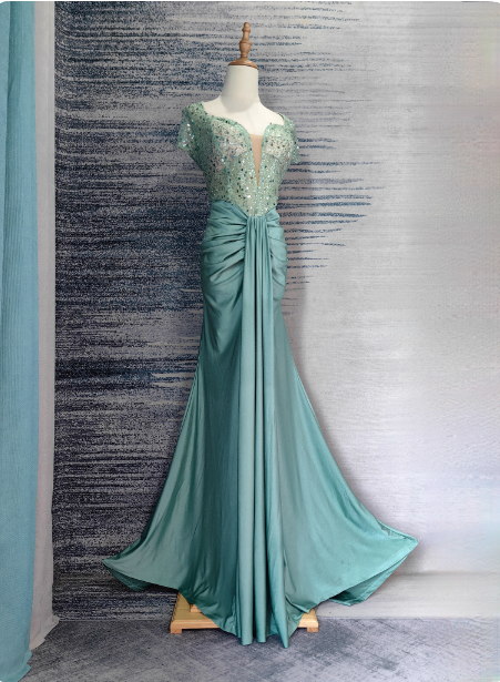 Elegant Mint Green Mermaid Sequin Satin Train Prom Dress Evening Dress