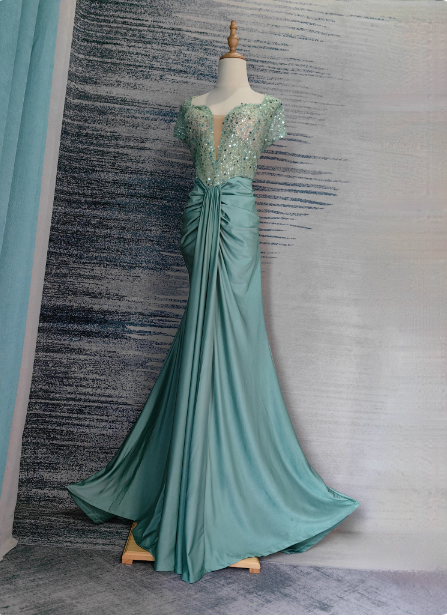 Elegant Mint Green Mermaid Sequin Satin Train Prom Dress Evening Dress