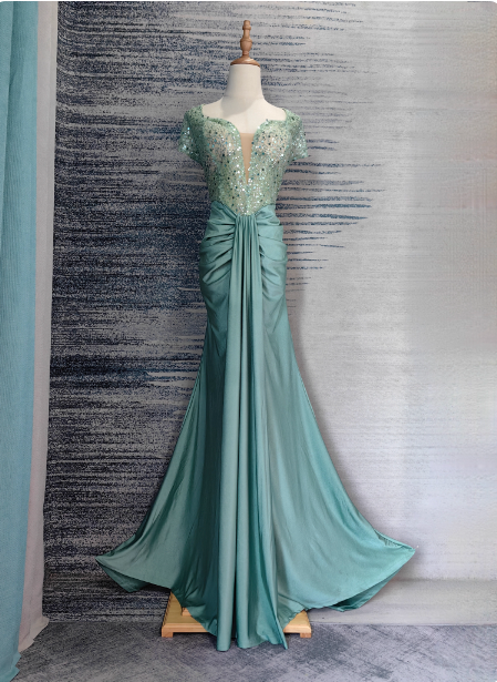 Elegant Mint Green Mermaid Sequin Satin Train Prom Dress Evening Dress