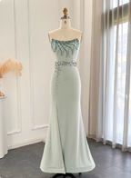 Elegant Mint Green Mermaid Strapless Rhinestone Hotfix Slit Satin Long Prom Dress Evening Dress