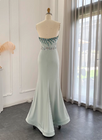 Elegant Mint Green Mermaid Strapless Rhinestone Hotfix Slit Satin Long Prom Dress Evening Dress