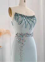 Elegant Mint Green Mermaid Strapless Rhinestone Hotfix Slit Satin Long Prom Dress Evening Dress