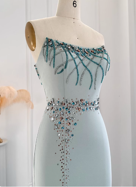 Elegant Mint Green Mermaid Strapless Rhinestone Hotfix Slit Satin Long Prom Dress Evening Dress