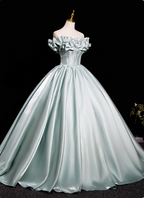 Elegant Mint Light Green Off-The-Shoulder Satin Ball Gown Evening Dress Sweet 16 Dress