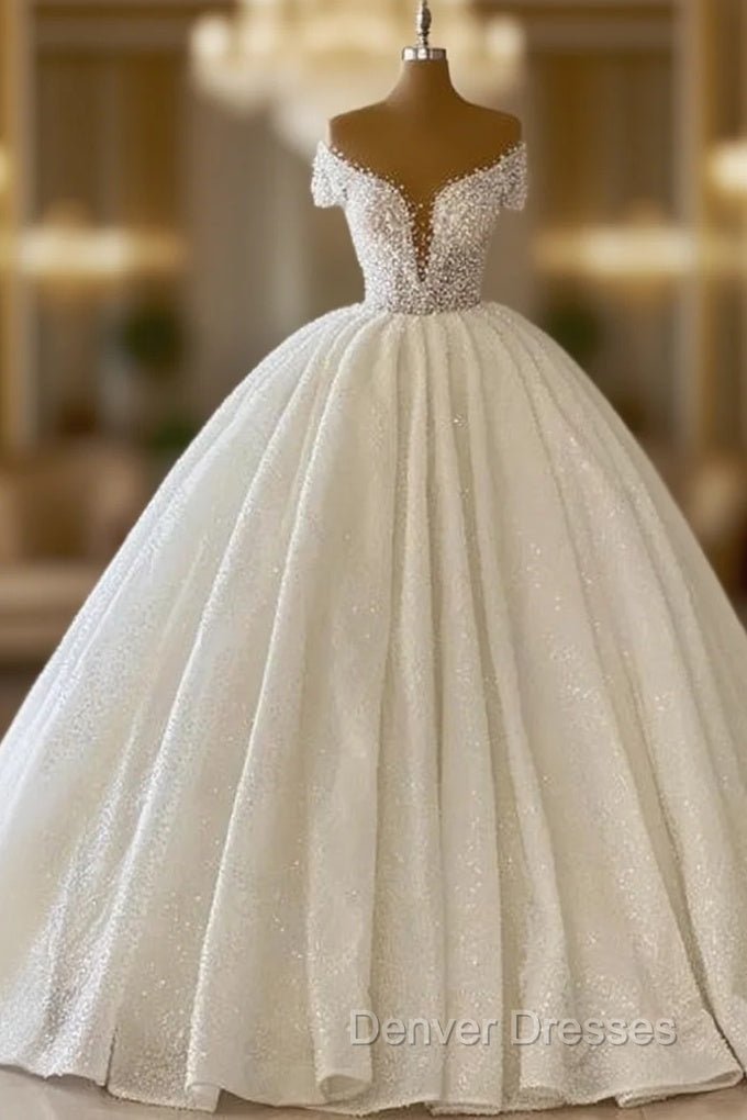 Elegant Modern V-neck Wedding Gowns With Glitter Off-the-shoulder