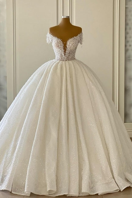 Elegant Modern V-Neck Wedding Gowns With Glitter Off-The-Shoulder Main image