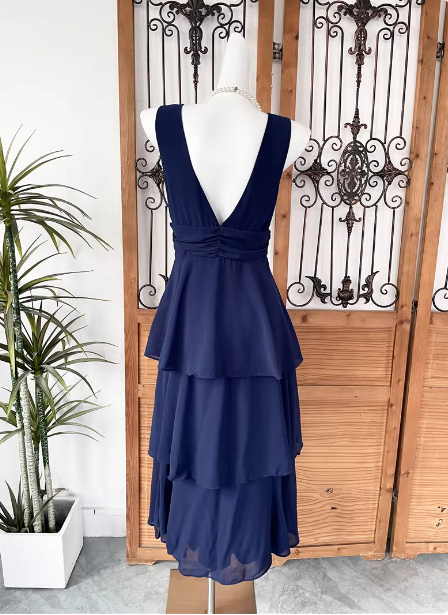 Elegant Navy Blue A-Line V-Neck Ruffled Layered Chiffon Prom Dress Evening Dress