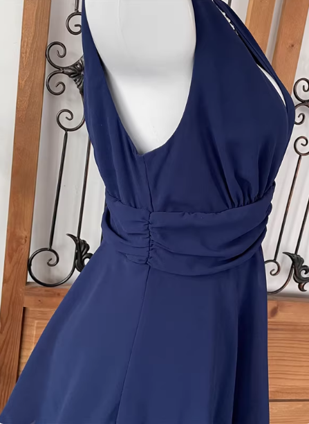 Elegant Navy Blue A-Line V-Neck Ruffled Layered Chiffon Prom Dress Evening Dress