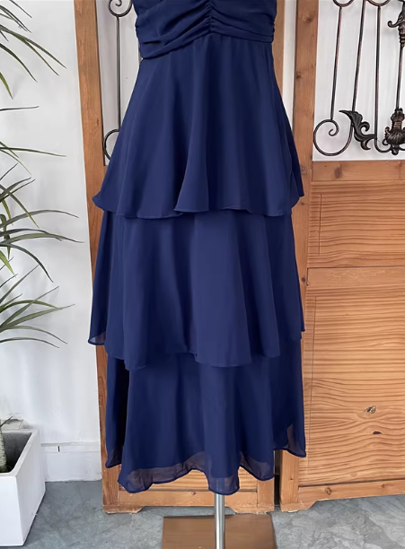 Elegant Navy Blue A-Line V-Neck Ruffled Layered Chiffon Prom Dress Evening Dress