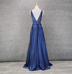 Elegant Navy Blue A-Line V-Neck Satin Long Prom Dress Evening Dress