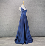 Elegant Navy Blue A-Line V-Neck Satin Long Prom Dress Evening Dress