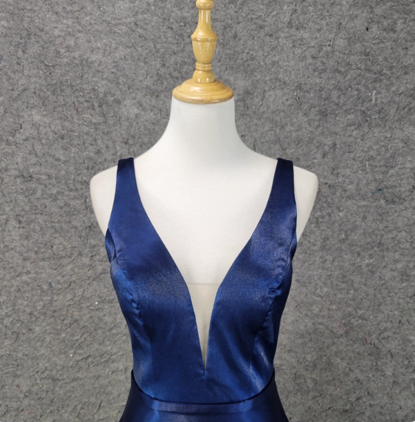Elegant Navy Blue A-Line V-Neck Satin Long Prom Dress Evening Dress