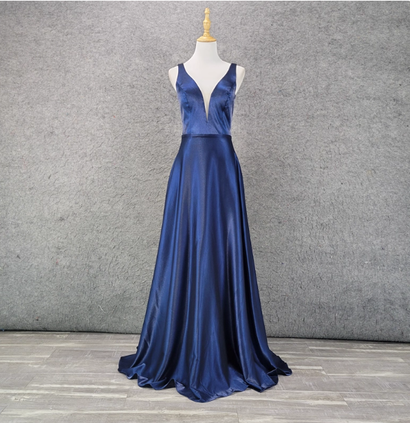 Elegant Navy Blue A-Line V-Neck Satin Long Prom Dress Evening Dress