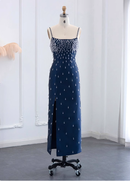 Elegant Navy Blue Bodycon Square Neck Spaghetti Strap Slit Crystal Satin Long Prom Dress Evening Dress