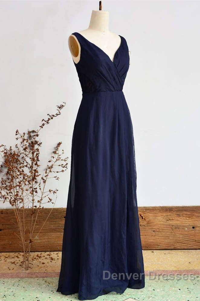 Elegant Navy Blue Chiffon Bridesmaid Dress With Slit Secondary image