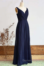 Elegant Navy Blue Chiffon Bridesmaid Dress With Slit