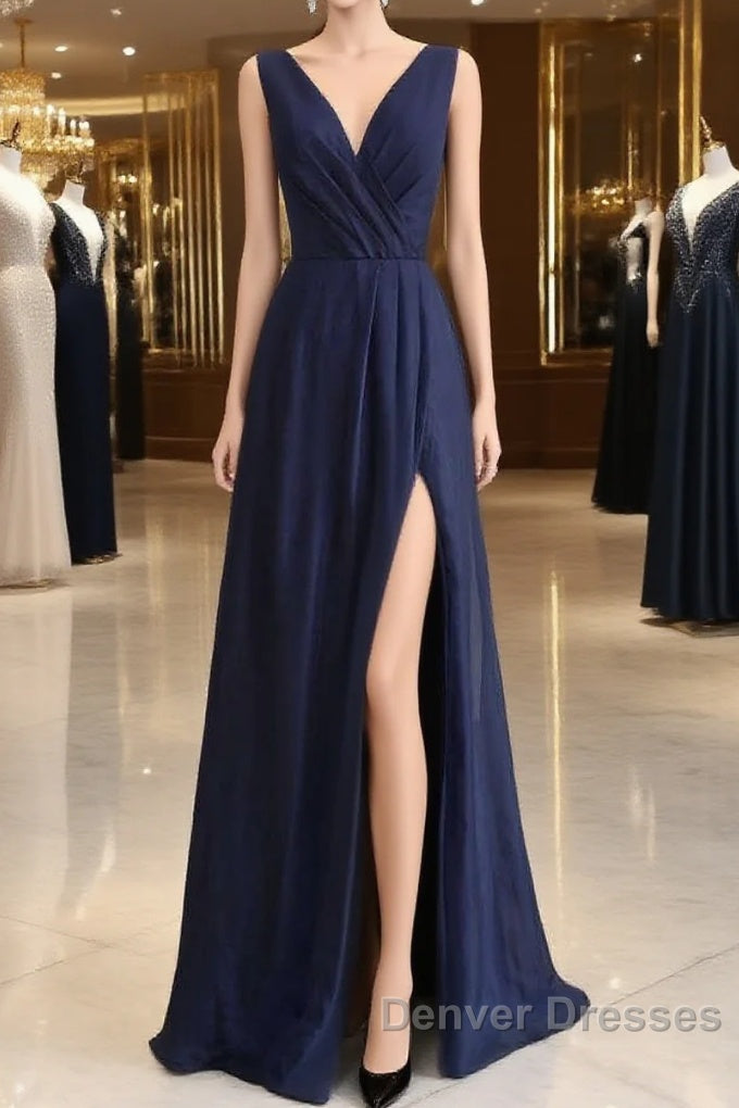 Elegant Navy Blue Chiffon Bridesmaid Dress With Slit