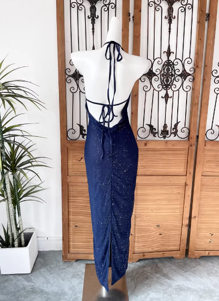 Elegant Navy Blue Halter Backless Glitter Satin Long Prom Dress Evening Dress Secondary image