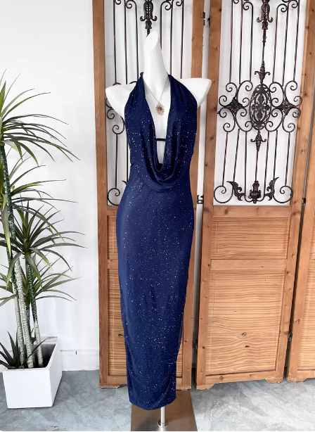 Elegant Navy Blue Halter Backless Glitter Satin Long Prom Dress Evening Dress