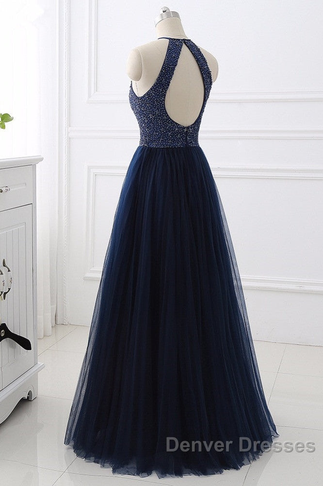 Elegant Navy Blue Halter Beaded Long Evening Dress, Beautiful Prom Dress Secondary image