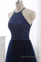 Elegant Navy Blue Halter Beaded Long Evening Dress, Beautiful Prom Dress