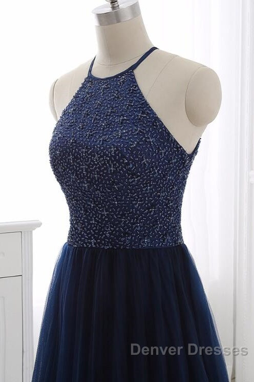 Elegant Navy Blue Halter Beaded Long Evening Dress, Beautiful Prom Dress