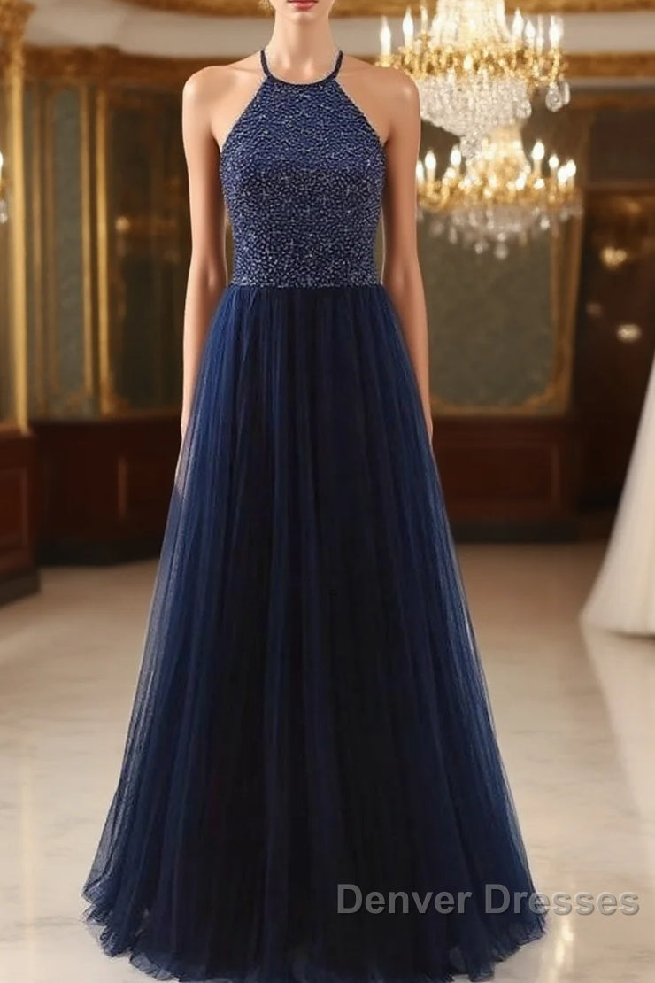 Elegant Navy Blue Halter Beaded Long Evening Dress, Beautiful Prom Dress Main image